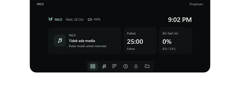 Ringkasan NILO: pemutar tanpa media, timer fokus, dan catatan air.